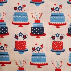 Party Cake Cotton Fabric - Red & Blue Celebration Pattern. Price Per Yard.